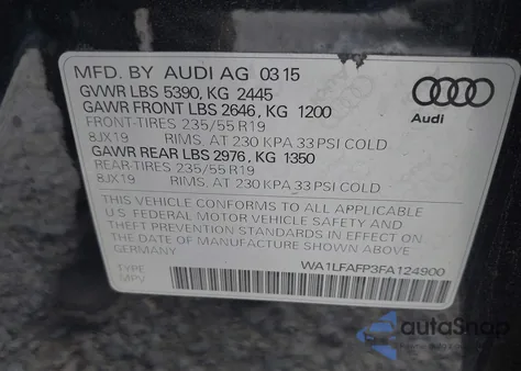 2015 Audi Q5 2.0T Premium z USA, uszkodzony, nr VIN WA1LFAFP3FA124900